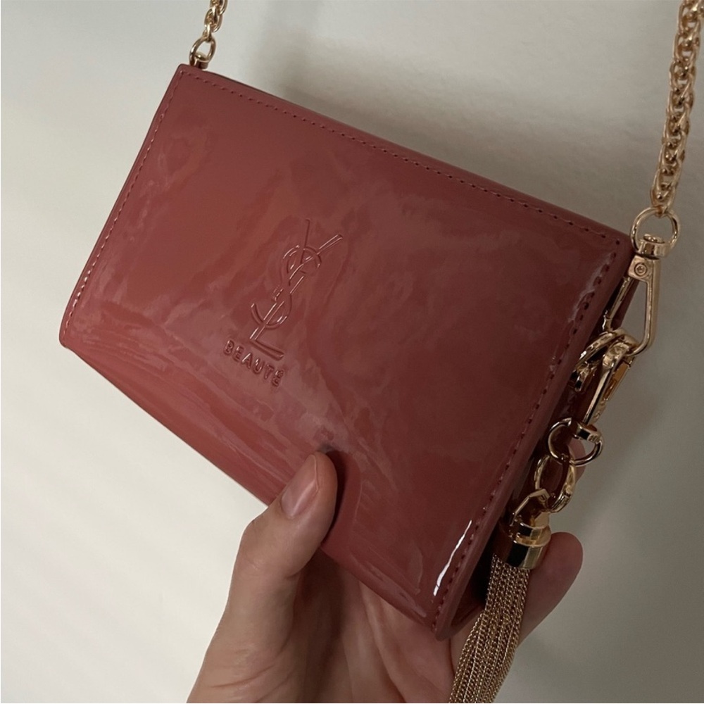 Yves Saint Laurent patent Glossy Red Brown Bag purse gold chain tassel rare logo - Picture 2 of 8